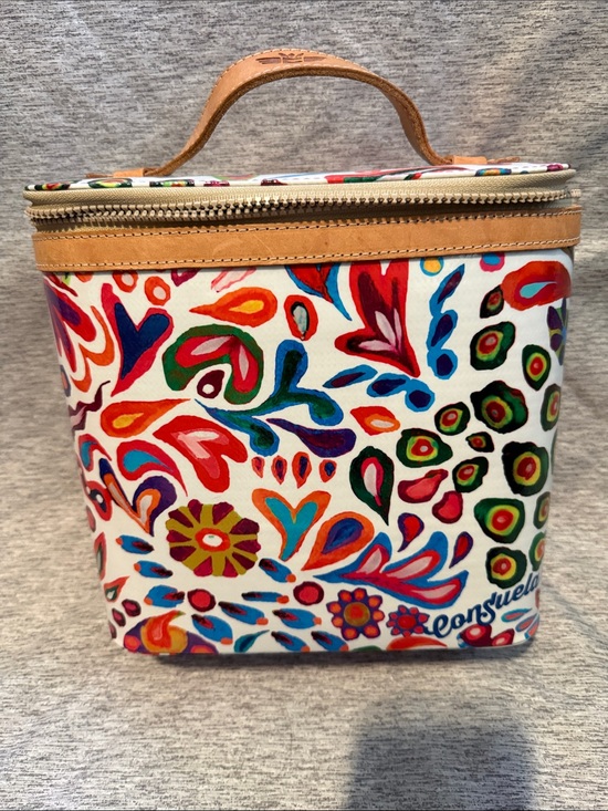 Consuela Handbags - Consuela White Swirly Cosmetic Train Case with Tan Trim